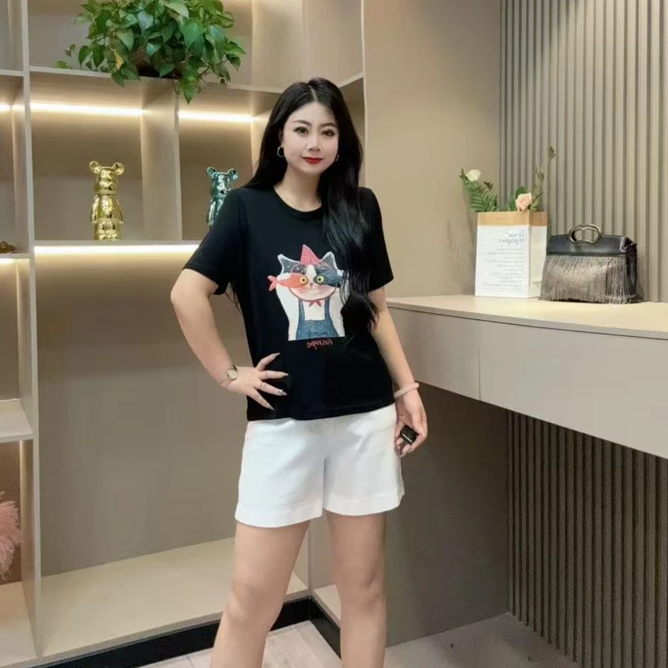 夏季半袖-千 68227 时尚潮流卡通小猫字母休闲胖MM大码女装新款