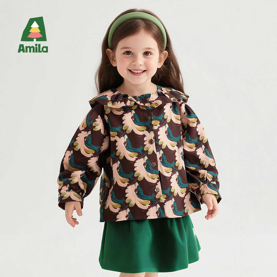 Amila啊咪啦2025秋季新款满印纯棉女童衬衫XQ5CS320