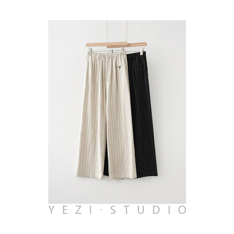 “自由裤”静奢风高级感苎麻条纹休闲直筒裤24123650