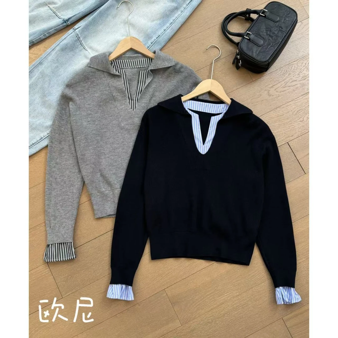 YYOUHAN 2025早春小众设计款假两件撞色拼接条纹针织衫2502C157