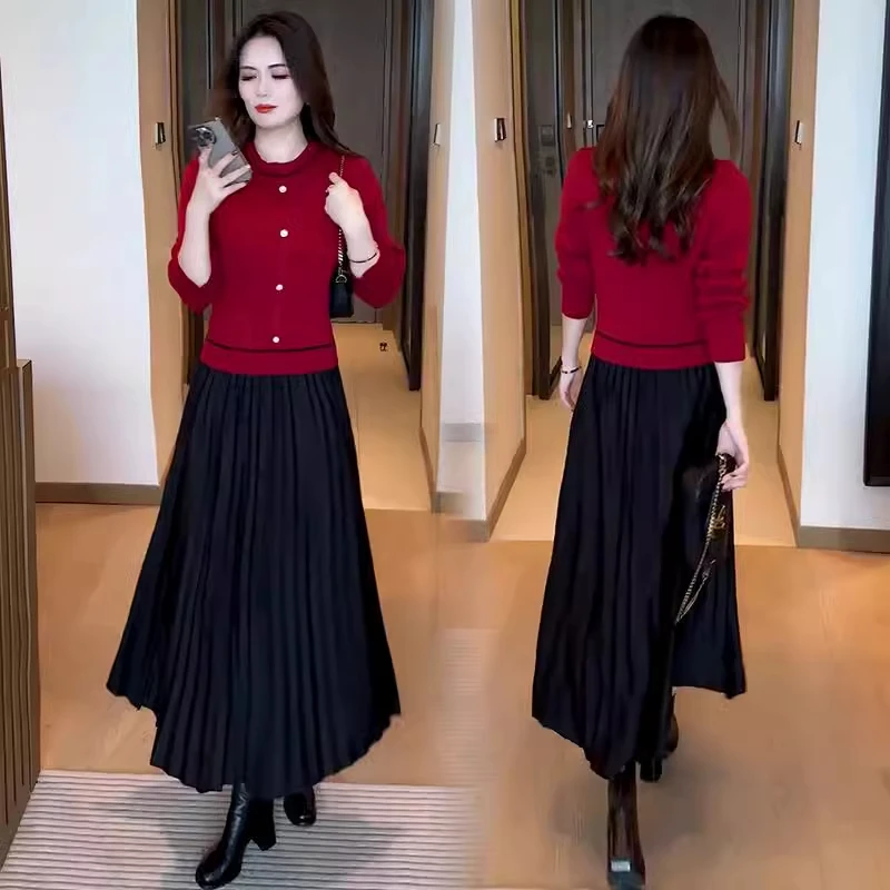 小香风假两件针织连衣裙女秋冬新款时尚洋气显瘦配大衣打底长裙子