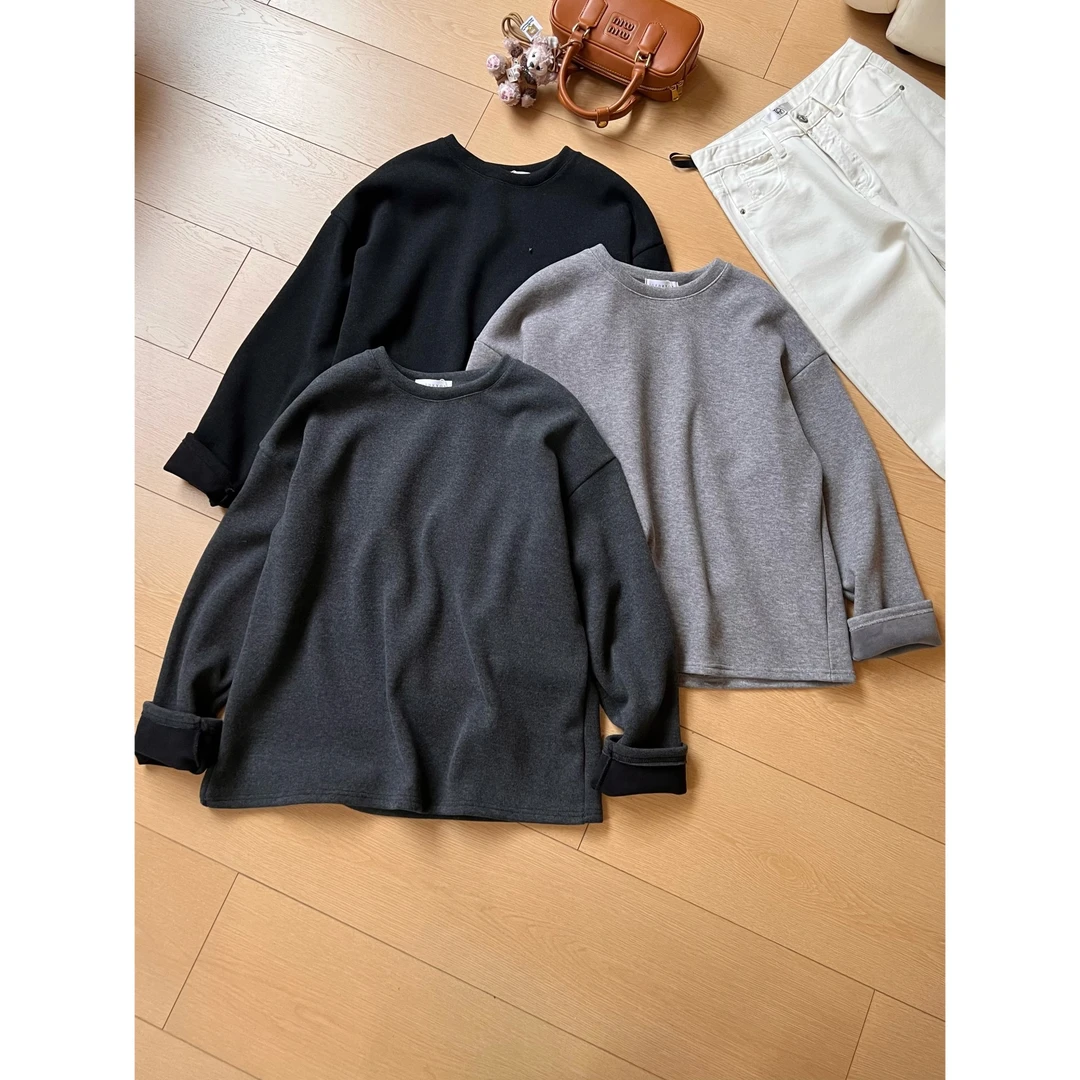 【加绒】J21极简风圆领磨毛德绒长袖打底衫上衣女季加厚保暖卫衣