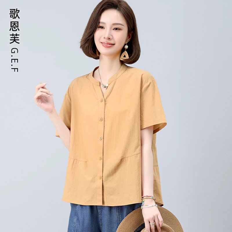 纯棉上衣衬衫女夏季薄款2025新款v领气质妈妈休闲洋气漂亮小衫爆