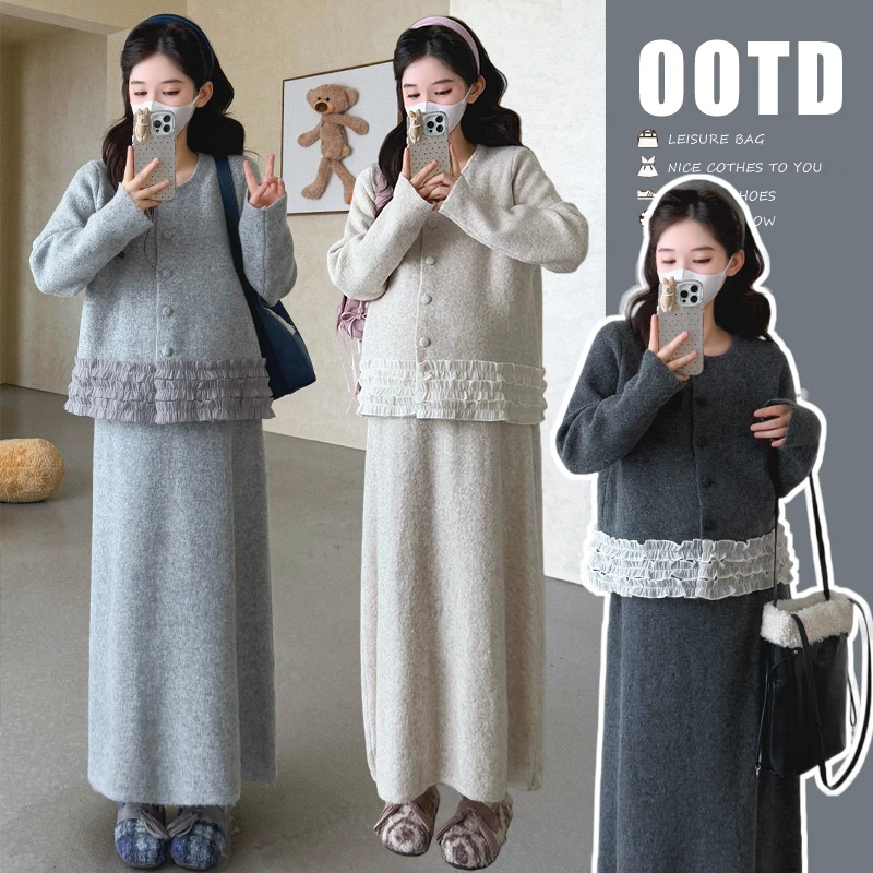 孕妇装套装2025新款冬季加厚针织毛衣洋气宽松上衣半身裙两件套女