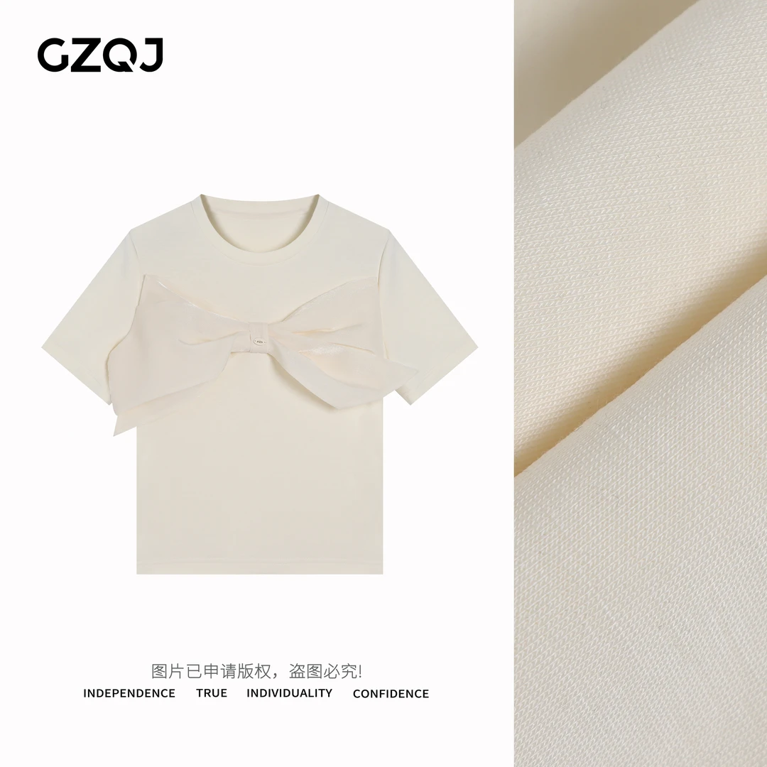 广州琴姐【巴黎左岸】休闲百搭宽松简约蝴蝶结圆领短袖T恤女38057