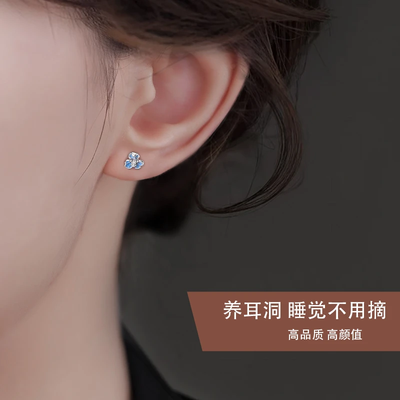 足银合成锆石耳饰 蓝色鸢尾花耳环轻奢气质耳钉女小众养耳洞耳饰
