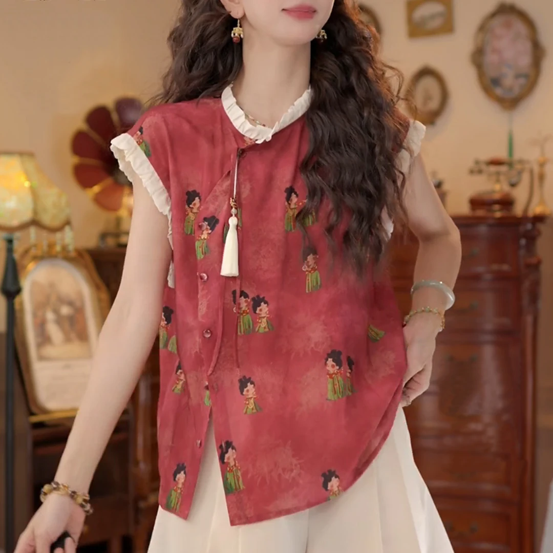 新中式国风2025夏季新品女款休闲衬衫宽松显瘦印花上衣
