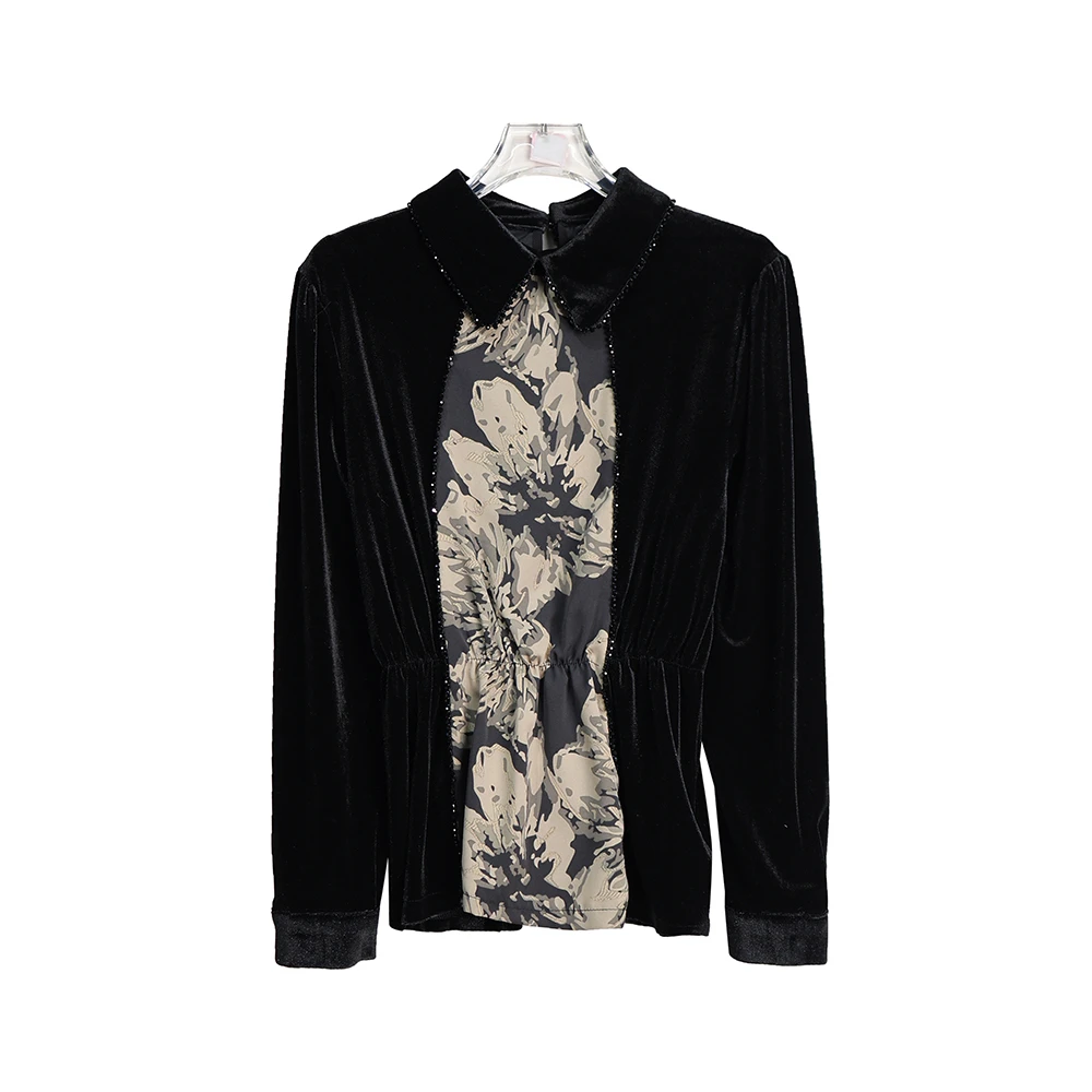 X2617【上新】轻奢黑色印花显瘦丝绒拼接百搭气质钉珠领衬衫4C