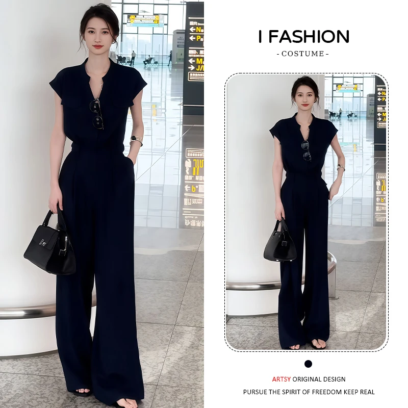 韩版百搭简约连体裤2025夏季新款气质女神范纯色通勤时髦洋气长裤