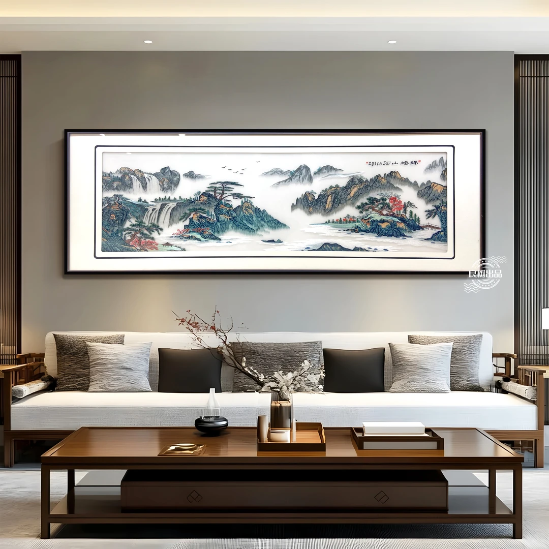 新中式苏绣山河锦绣立体装饰画 新中式沙发背景墙织锦绣挂画