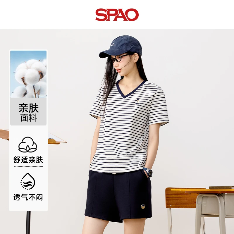 SPAO韩国同款正肩V领条纹短袖T恤女夏2025新款象牙熊贴布绣上衣YC