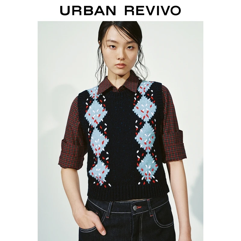 UR2026春季新款女休闲学院菱格提花短款背心针织衫UYL950268