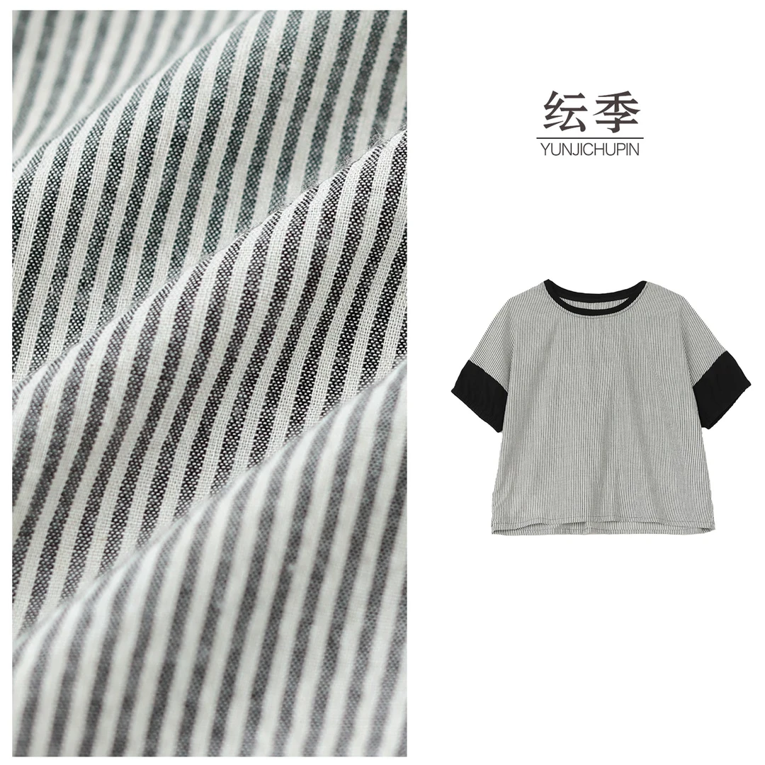 【纭裳原创】衣长57-59 夏季新款撞色条纹拼接短袖T恤女D25741