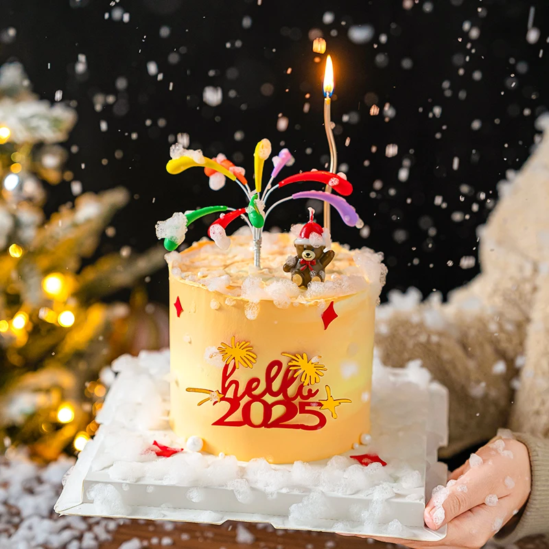 网红氛围感跨年元旦2025新年DIY软胶火花蛋糕装饰小熊蜡烛插件