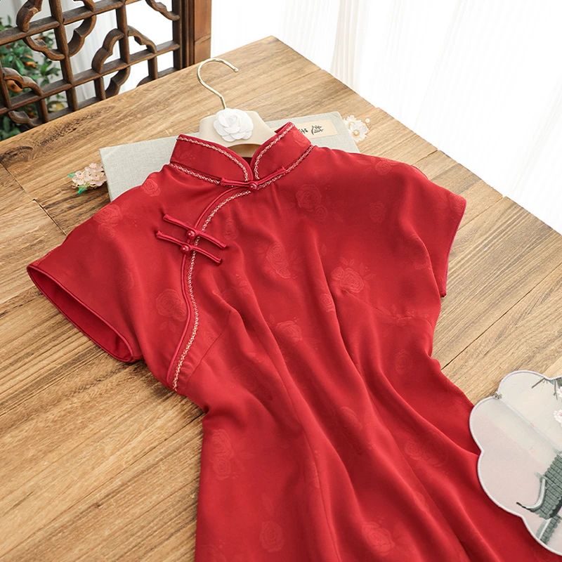 俏娘鱼新中式国风旗袍裙子新款订婚礼服红色提花淑女年会气质改良