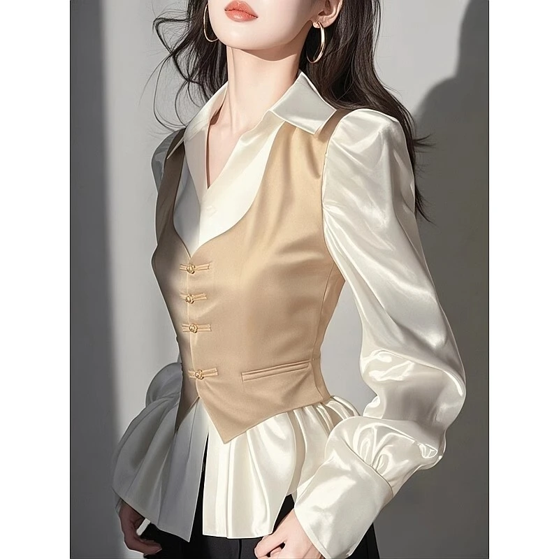 法式名媛气质假两件拼接翻领衬衫女时尚轻奢收腰上衣2025春秋新款