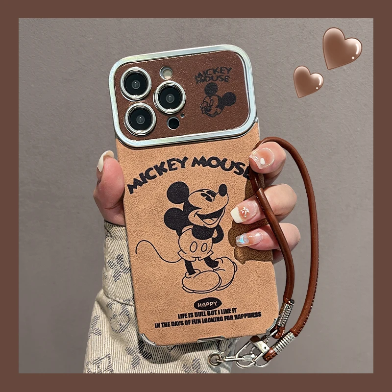 米奇适用苹果16pro华为vivo小米oppo大视窗羊皮挂绳手机壳女防摔