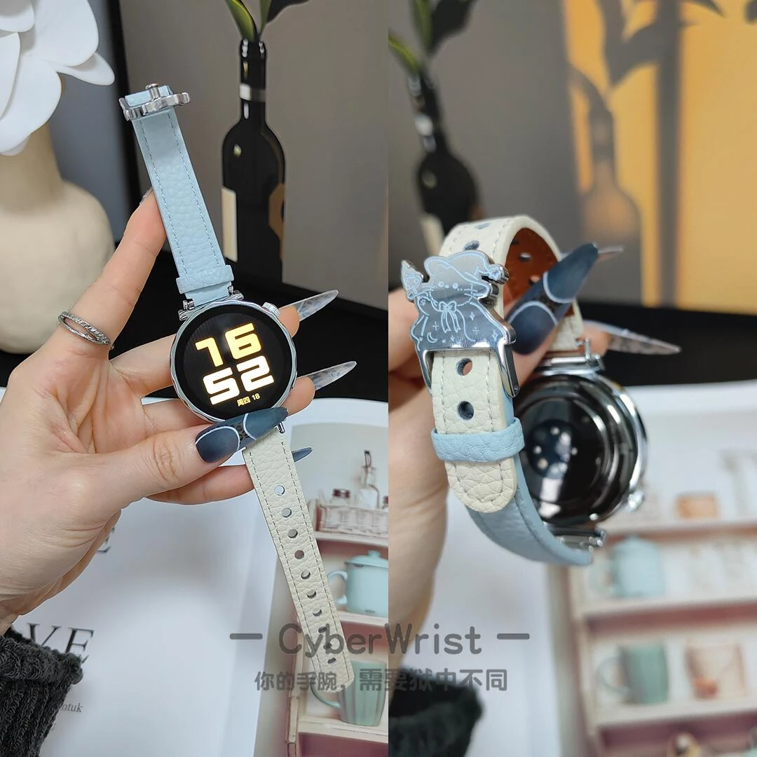 适用于华为gt5/4/3魔法猫咪拼色小牛皮表带18mm新款女款高级感41m