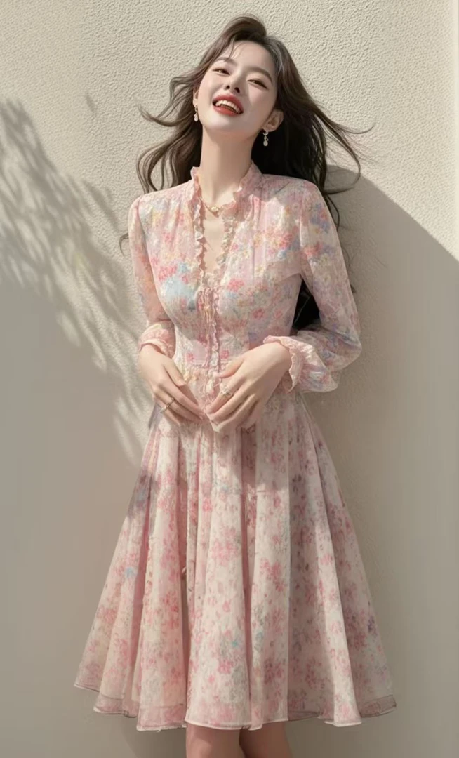 SS822春季多巴胺穿搭高端裙子轻奢高级感温柔风粉色碎花连衣裙