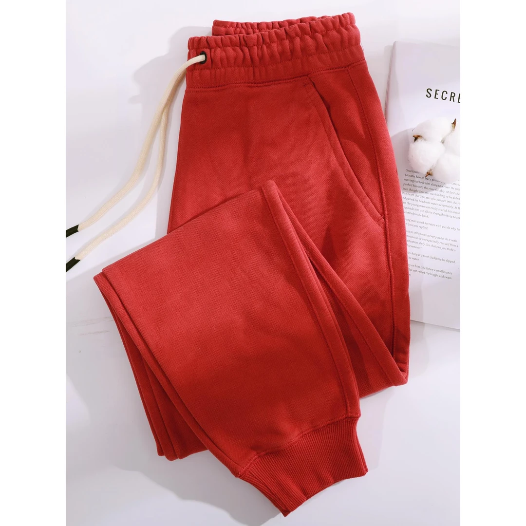 2025新款松紧腰加绒砖红色休闲运动裤女秋冬卫裤女大码束脚裤