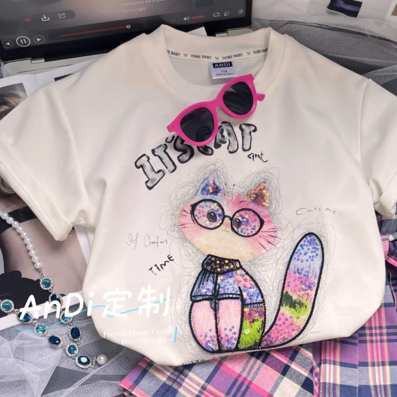 〖ANDI〗安迪订制女童夏季设计感卡通小猫亮片洋气短袖4239