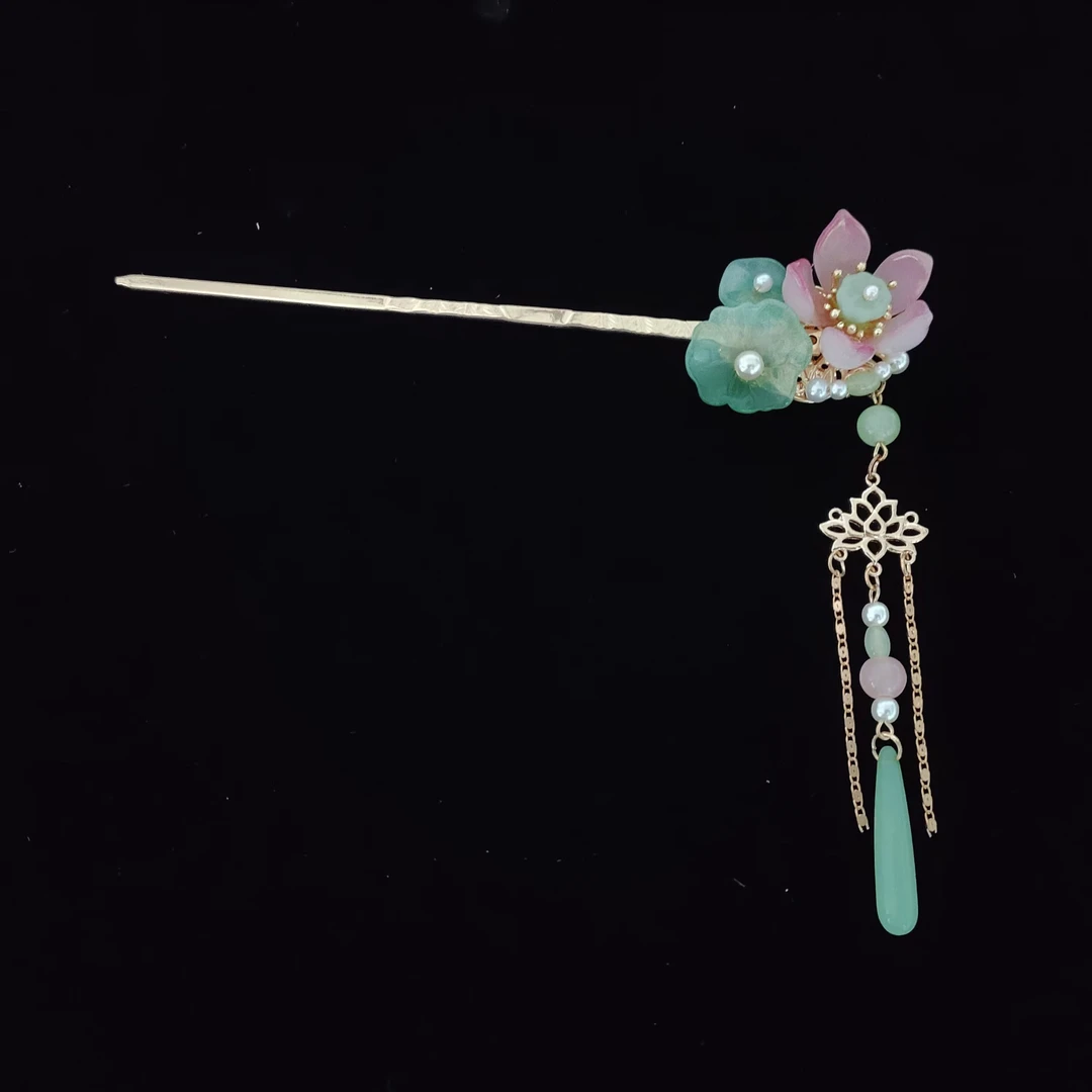 HF2898古风荷花流苏手工步摇发簪国风女饰品