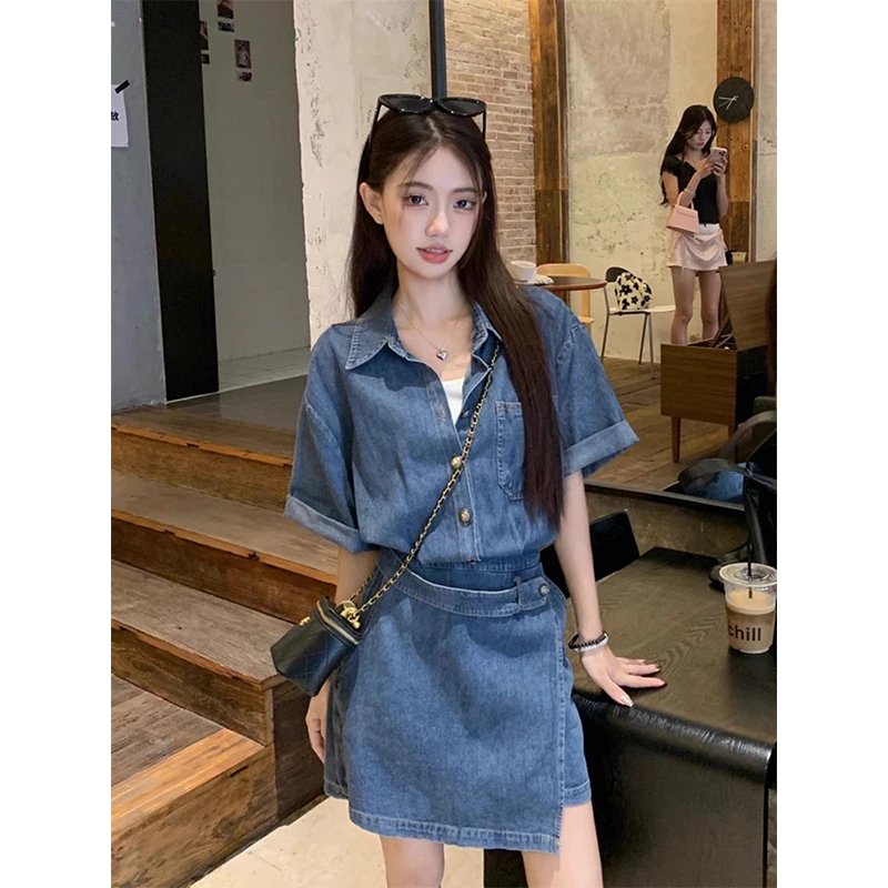 复古蓝色牛仔短袖连衣裙女夏季假两件层次感百搭显瘦A字裙短裙子
