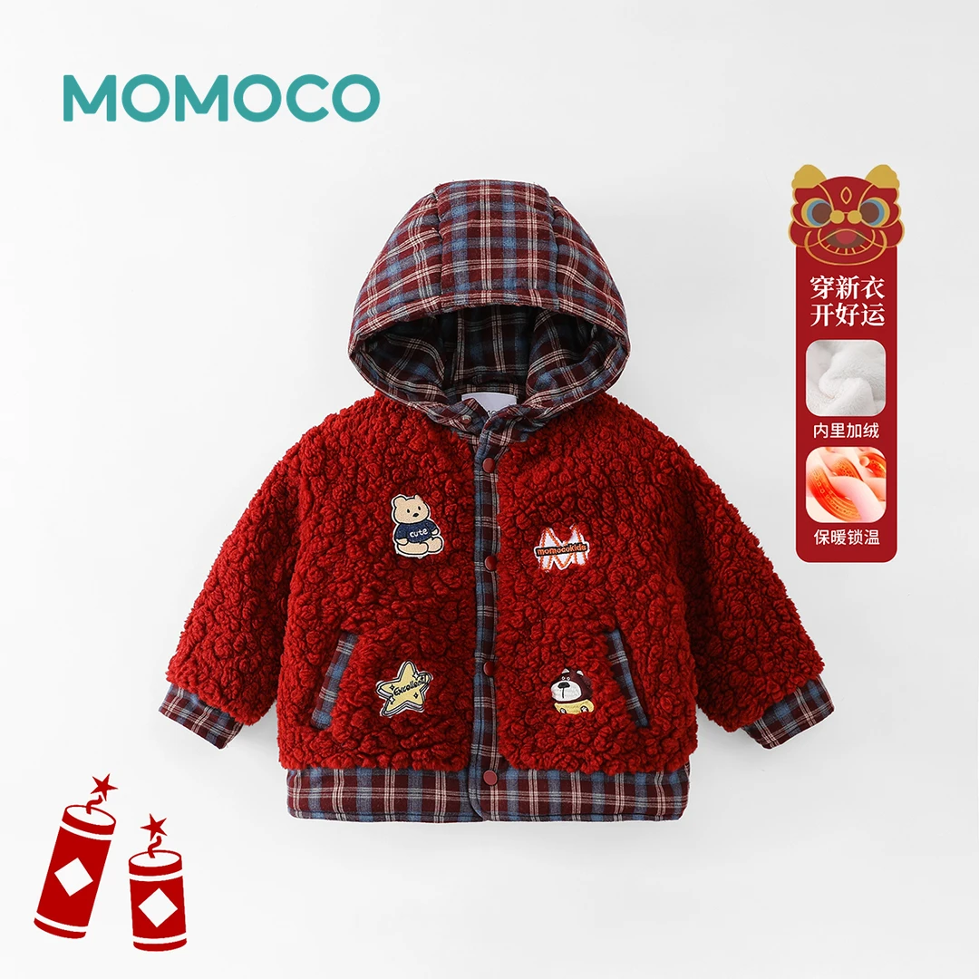 MOMOCO冬季新款男童时尚加绒卡通红色毛毛连帽外套77430138058