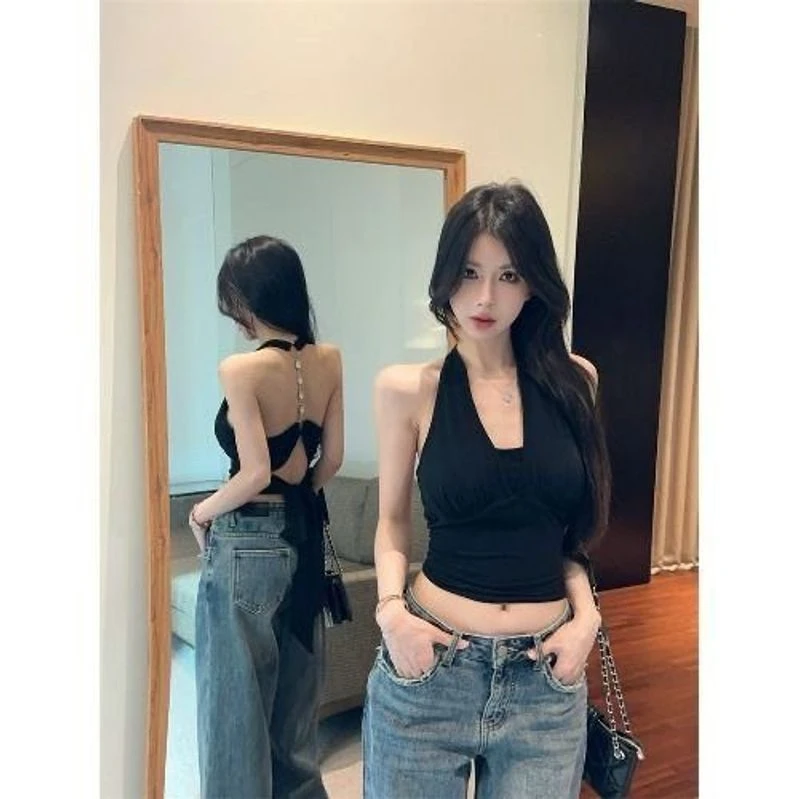 黑色纯棉短款挂脖吊带背心带胸垫女夏季绑带修身外穿设计感辣妹