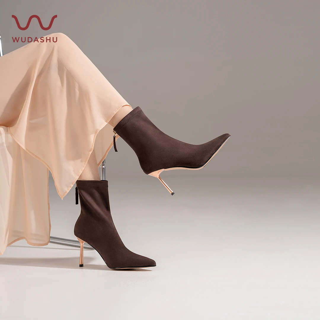 吴大叔法式尖头细跟短靴女秋冬高级感瘦瘦靴子金属跟鞋TF132075