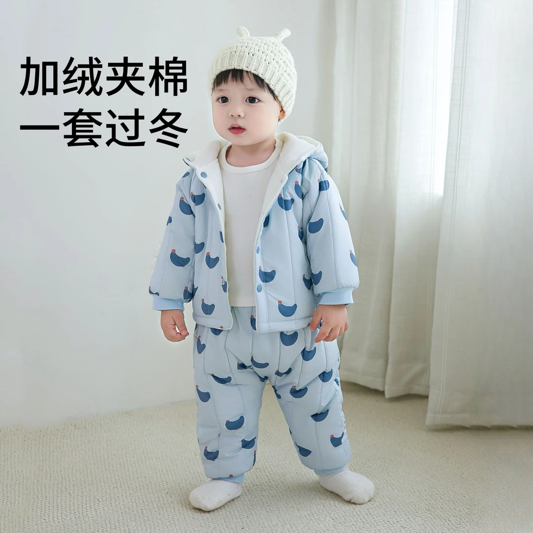 婴儿衣服厚夹棉棉衣棉裤分体套装秋冬季冬天宝宝加绒幼儿连帽冬装