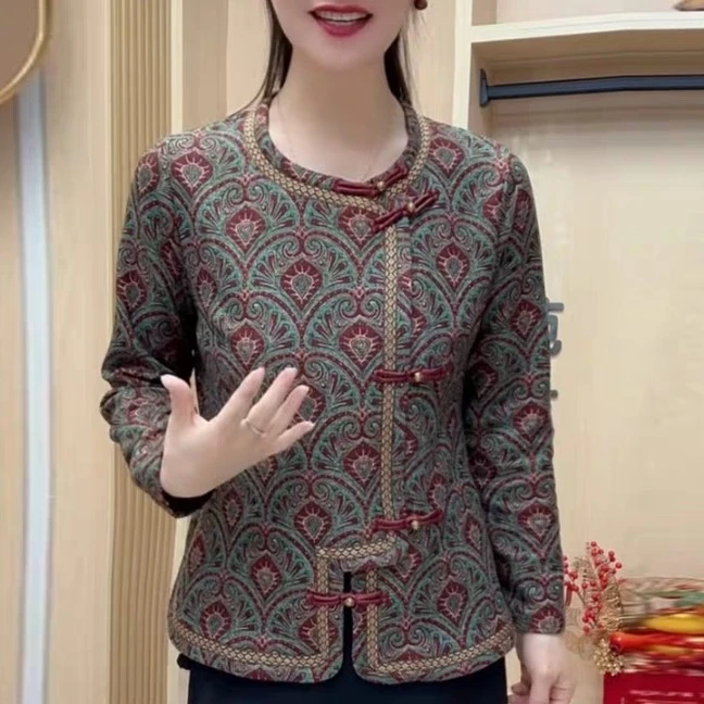 秋冬新中式妈妈装长袖短款开衫弹力磨砂绒时尚洋气上衣