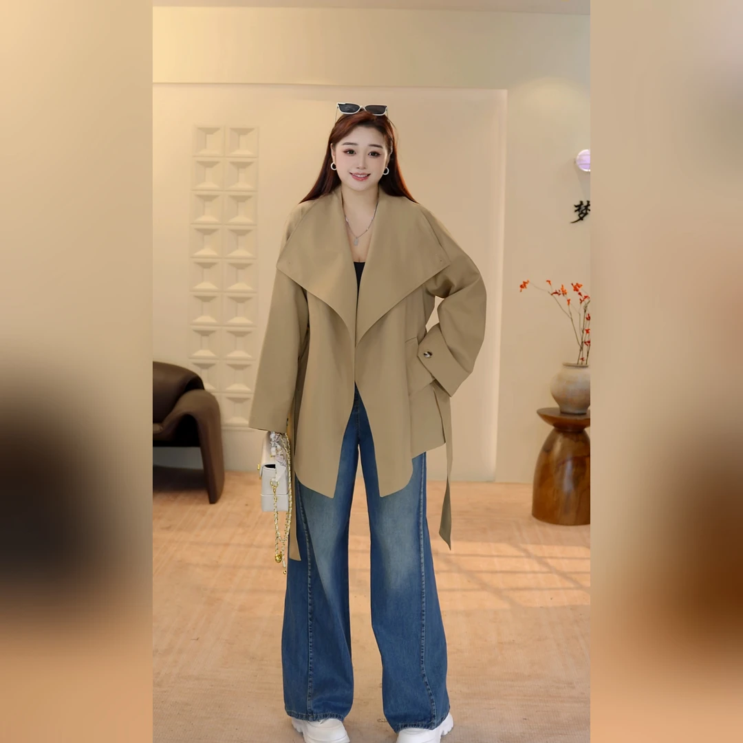 秋季大码女装高级感宽松遮肉显瘦休闲纯色百搭韩系立领风衣外套