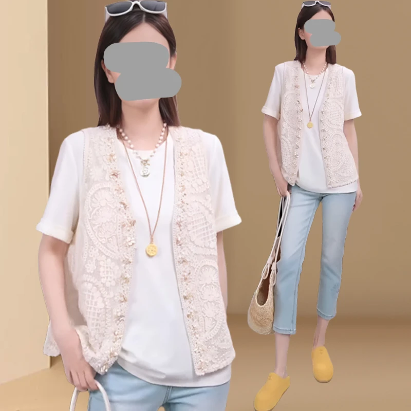 2025夏季新款提花刺绣背心女时尚洋气百搭短袖T恤温柔两件套上衣