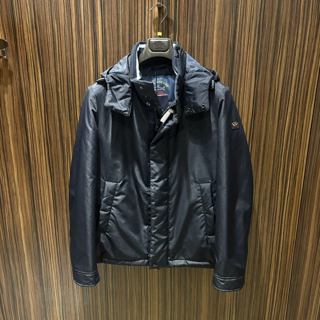 福福意大利 保鲨 男士藏青色户外运动防水刺绣棉服春秋短款连帽