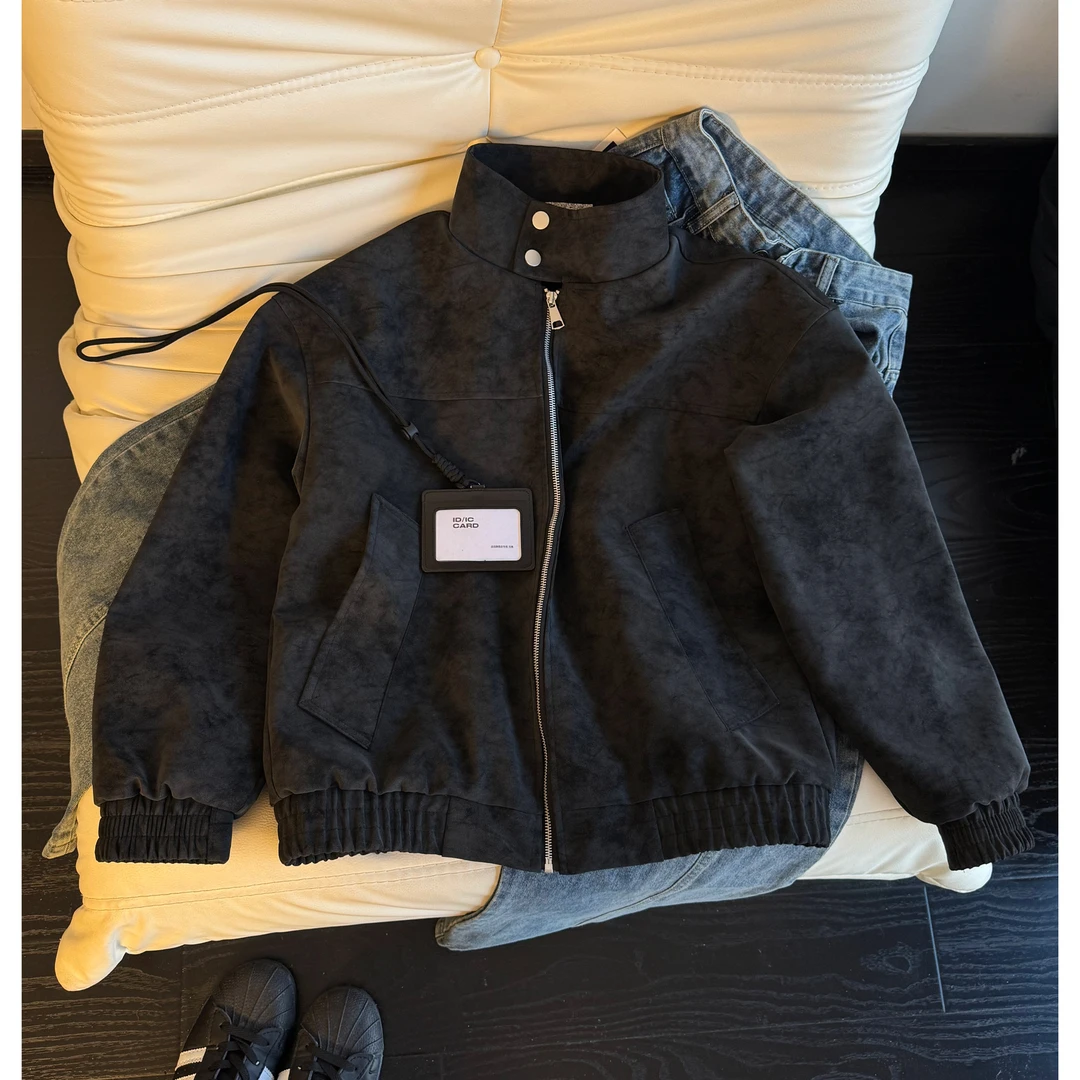 美式复古扎染一体绒皮衣棉服男冬季加绒加厚保暖短款立领夹克外套