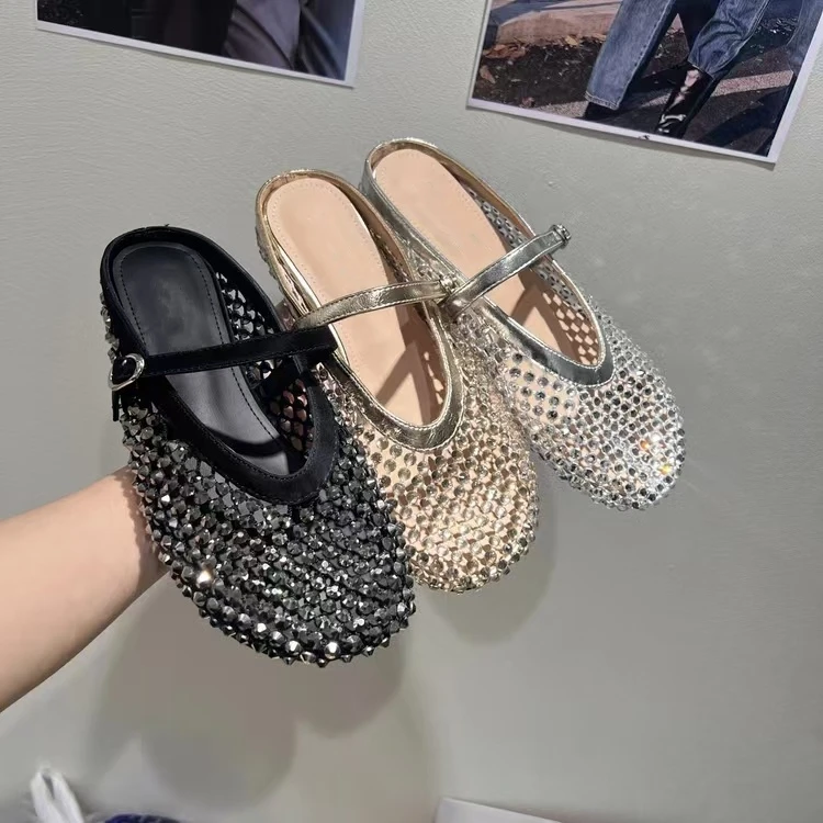 内增高水钻满钻渔网镂空包头拖一字玛丽珍单鞋半拖鞋时尚J