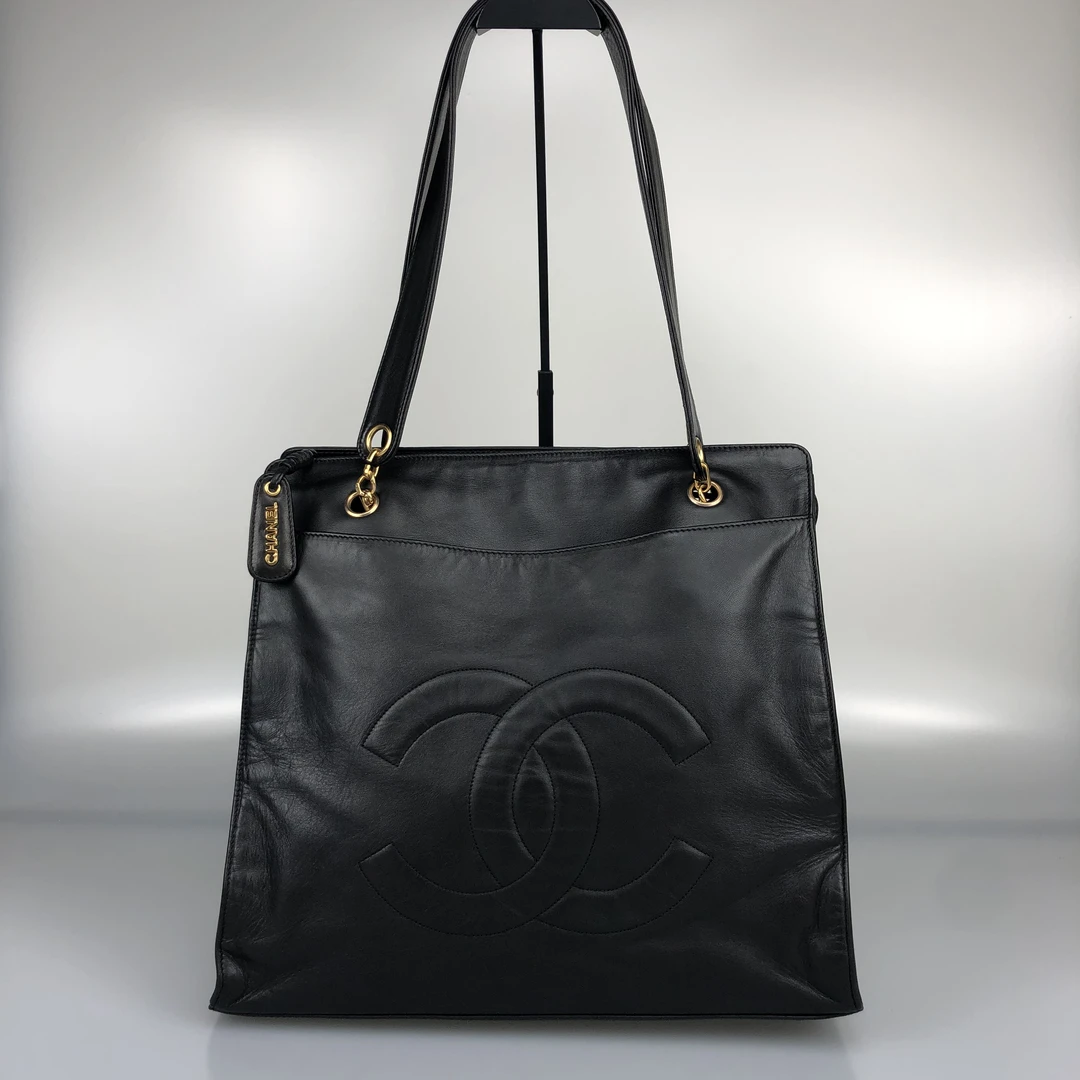95新 Chanel/香奈儿 黑金大双C logo奶粉托特包 底长36 3开