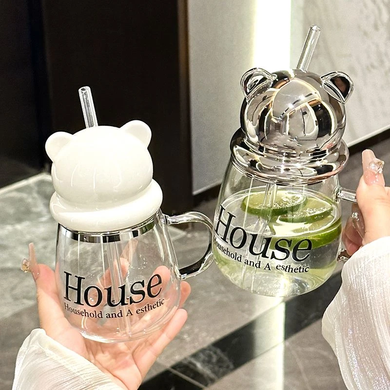 熊头玻璃杯子网红喝水杯2025新款女士专用漂亮水杯上班用精致带盖