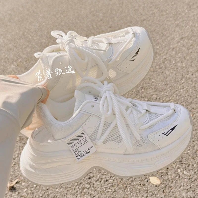 网面镂空透气老爹鞋女款2025夏季新款配裙子的鞋子厚底小白鞋凉鞋