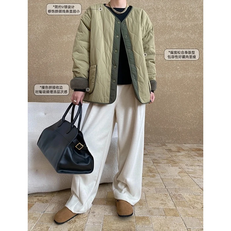 双口袋拼色小V领牛油果绿衔缝宽松棉服冬季外套秋冬加厚保暖