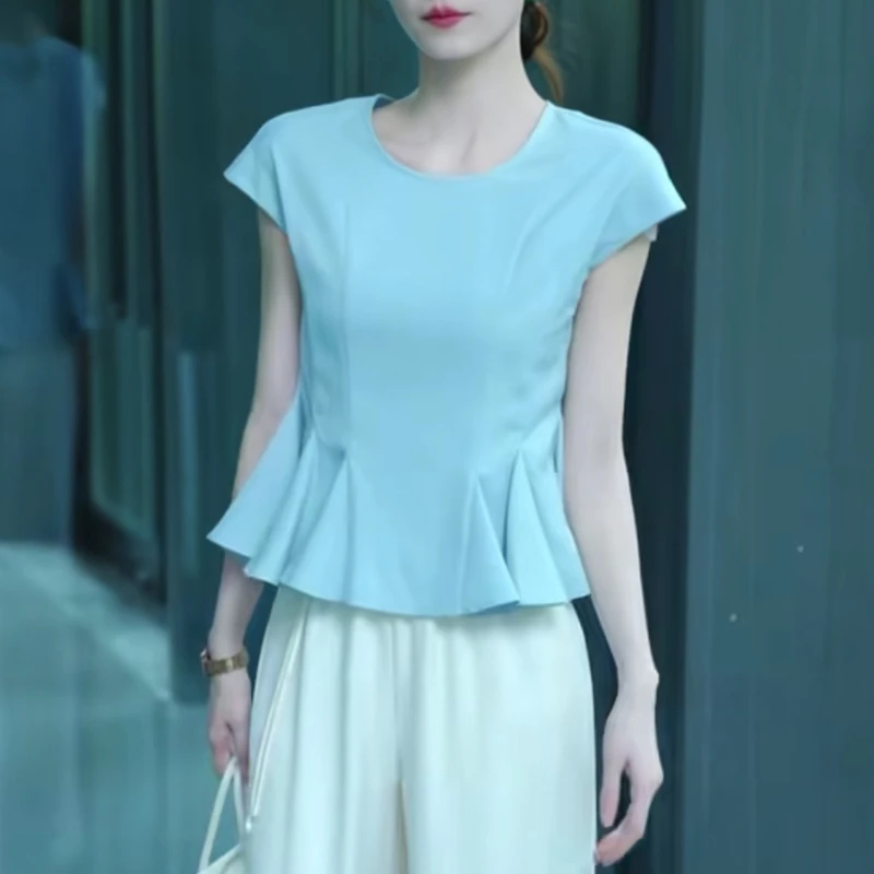 时尚浅蓝色荷叶边短袖T恤女2025夏季新款小众高级感减龄气质上衣