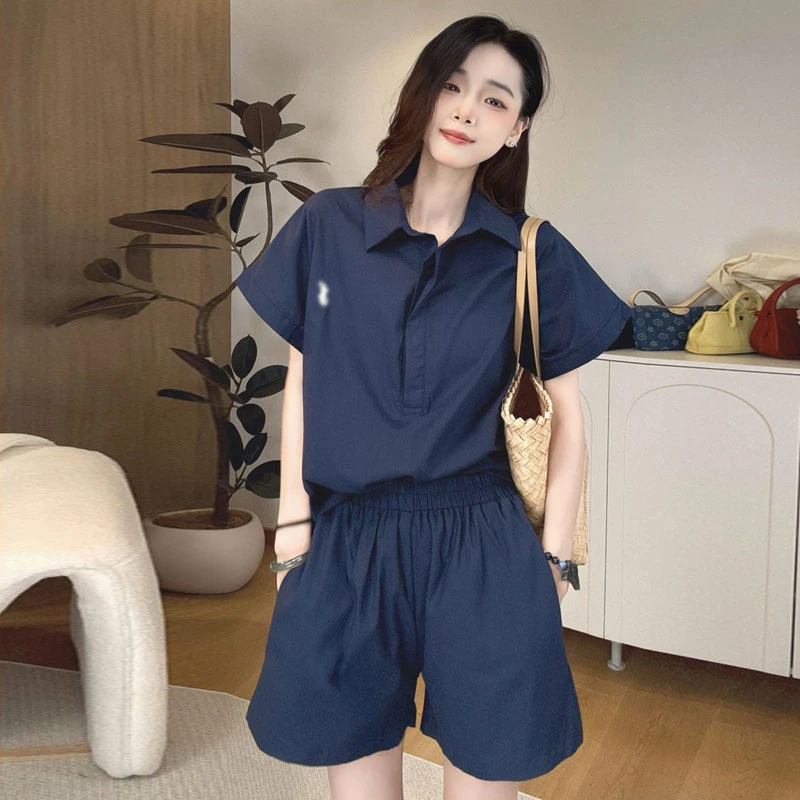 【8897】气质POLO领印花短袖上衣高腰休闲短裤夏季时尚两件套装女