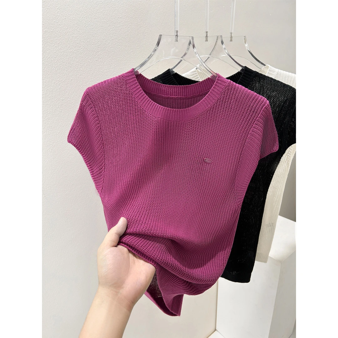 2025年莱赛尔天丝镂空透气包肩针织衫女新款夏季薄款短袖显瘦上衣