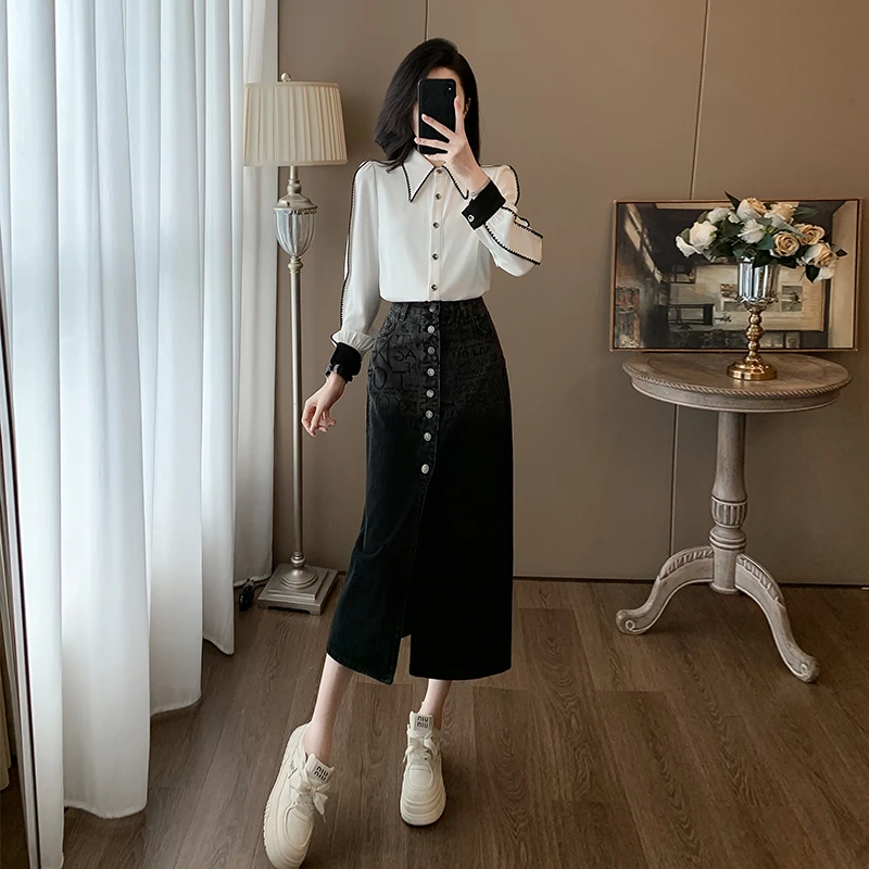 高端气质轻奢高级感白色长袖衬衫套装女2025早春新款半身裙两件套