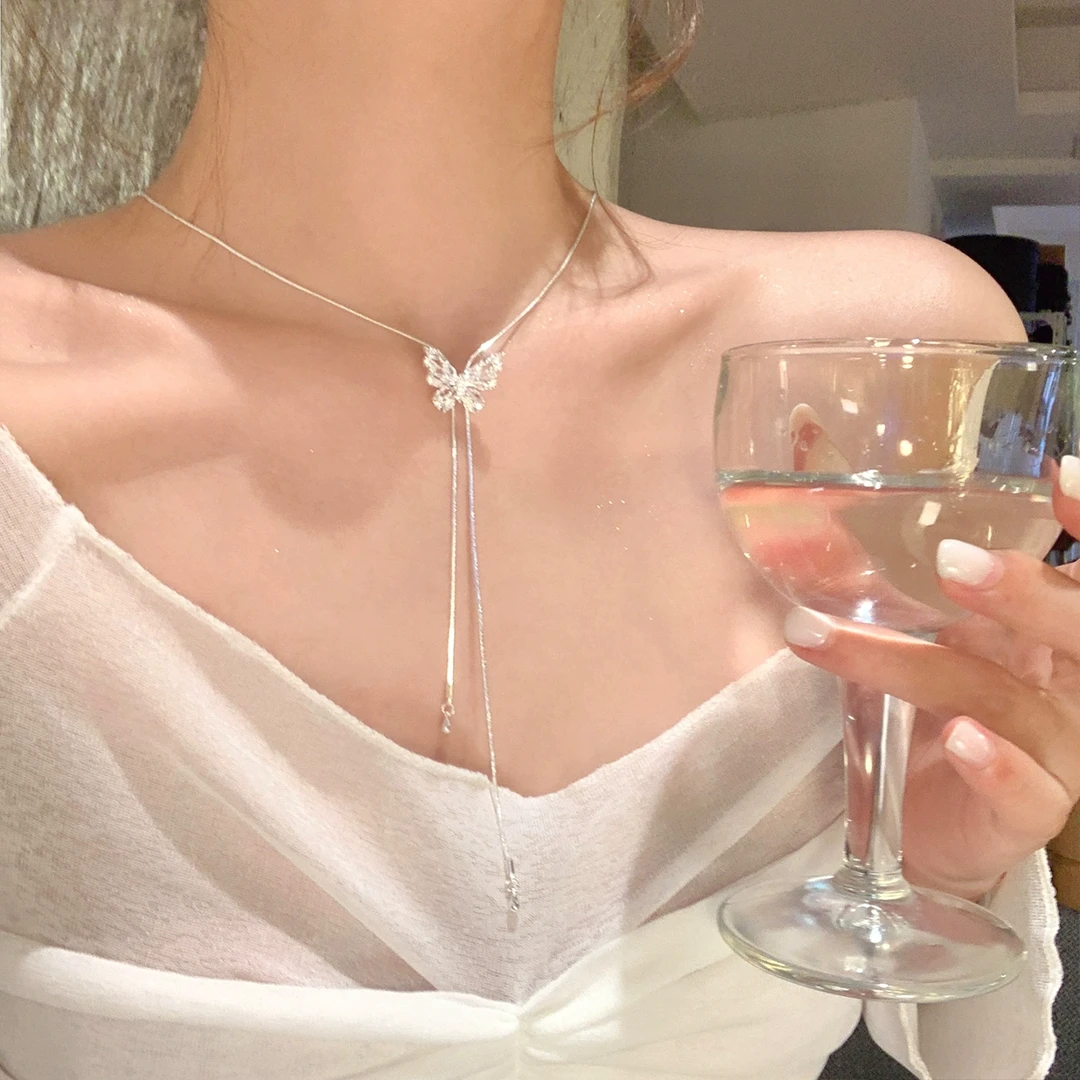 铜合金项链 早秋仙气轻奢抽拉闪锆蝴蝶流苏项链女气质毛衣链配饰