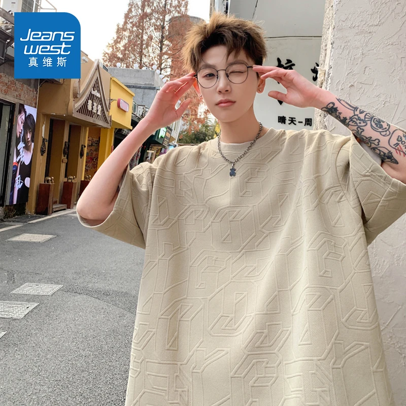Jeanswest/真维斯男士潮牌钢印舒适圆领T恤夏季宽松百搭打底上衣