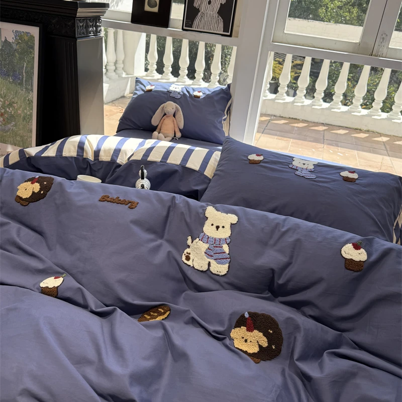 易安阁100s磨毛毛巾绣蓝色围巾小狗四件套全棉纯棉1.5m1.8米秋冬