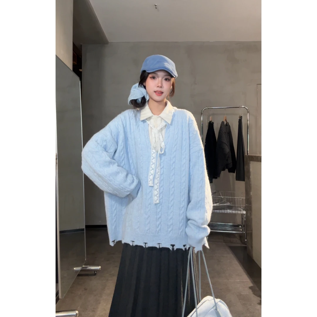 【蕾丝】毛衣U领纽花套头毛衣针织衫女青F50114