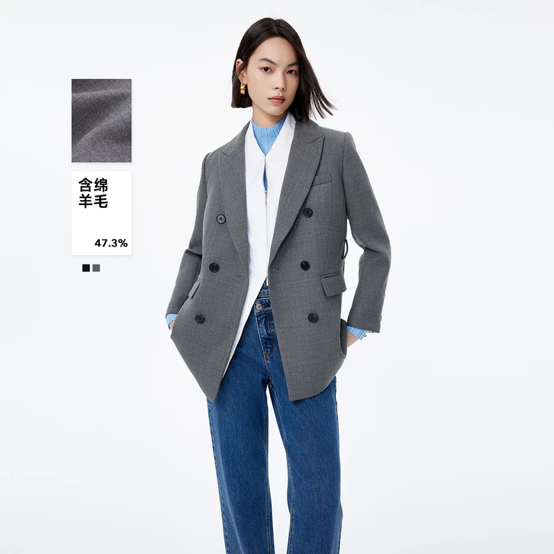 LILY冬款复古时尚双排扣垫肩显瘦通勤休闲西服外套女123429C2910